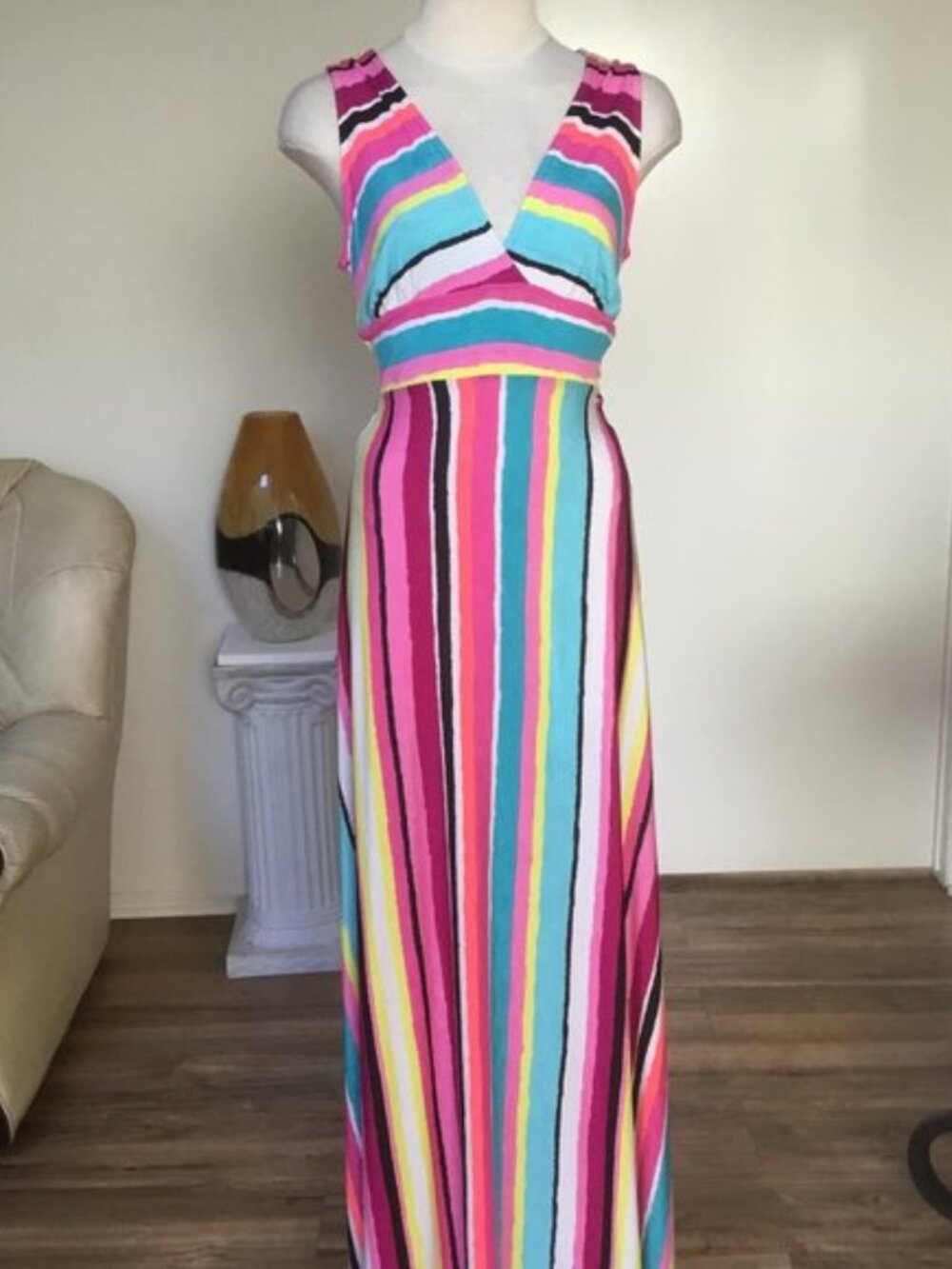 Bright Colorful Stripped Long Dress Sundress Sleeveless Cutout Back Summer S